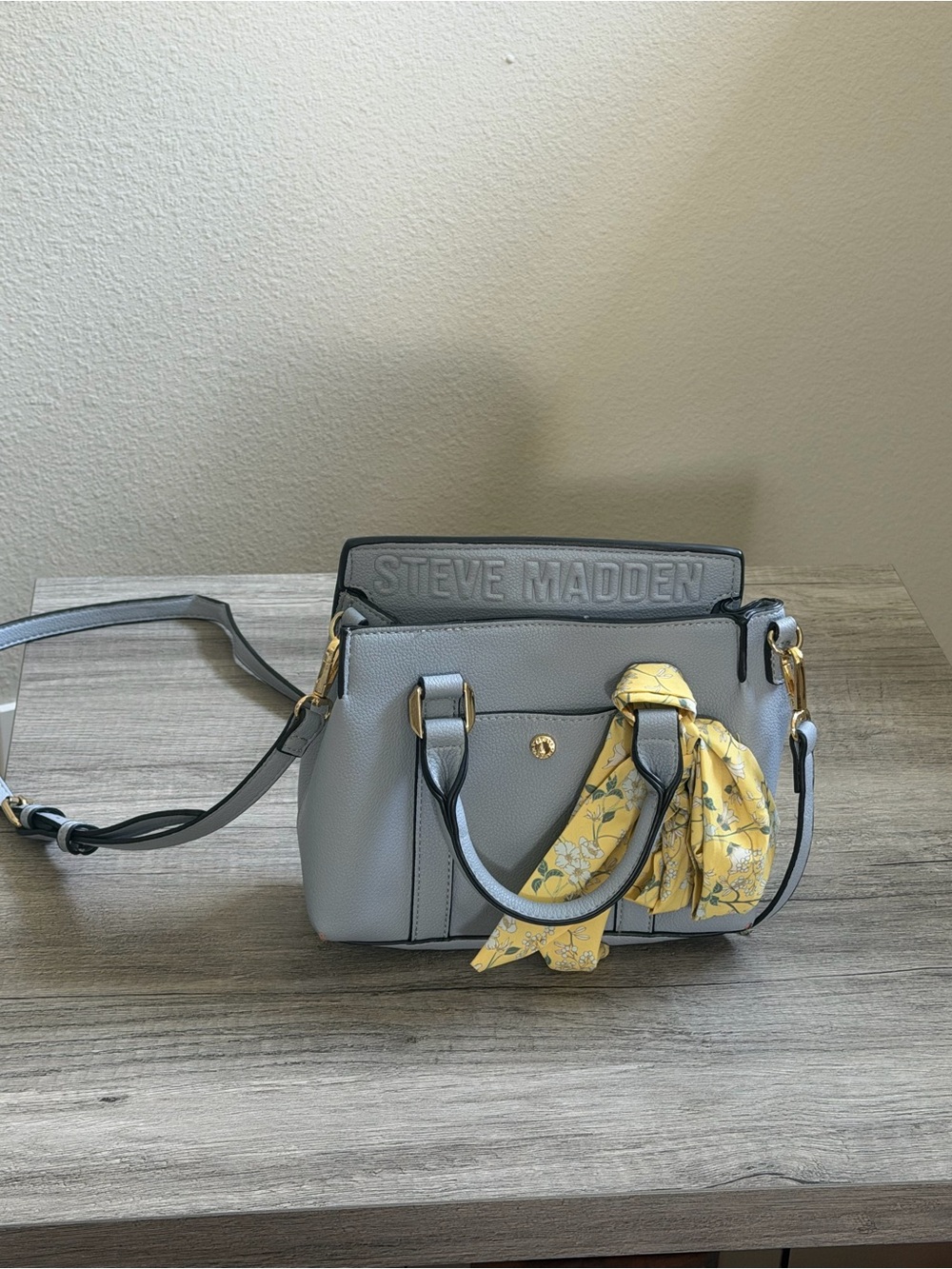 Steve Madden Light Gray Leather Satchel with Yellow Floral Scarf